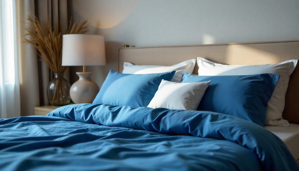 A beautifully made bed with deep blue sapphire sheets, white pillows, and elegant bedroom décor in natural lighting