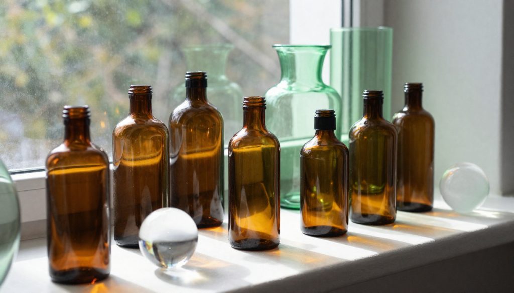 A bright windowsill decorated with various colored glass pieces including amber bottles, green glass vases, and clear glass orbs, all catching sunlight
