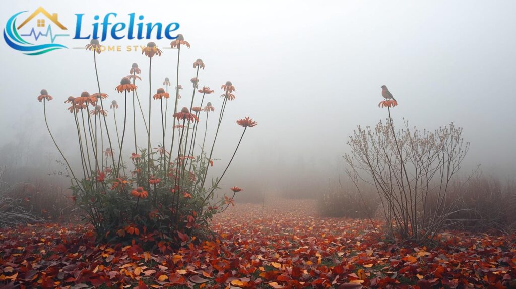 A misty autumn garden: seedheads of echinacea and verbena bonariensis standing tall against a soft grey sky, a carpet of fallen leaves beneath, a robin perched on a frost-touched branch. Beautiful, poetic, and completely alive.