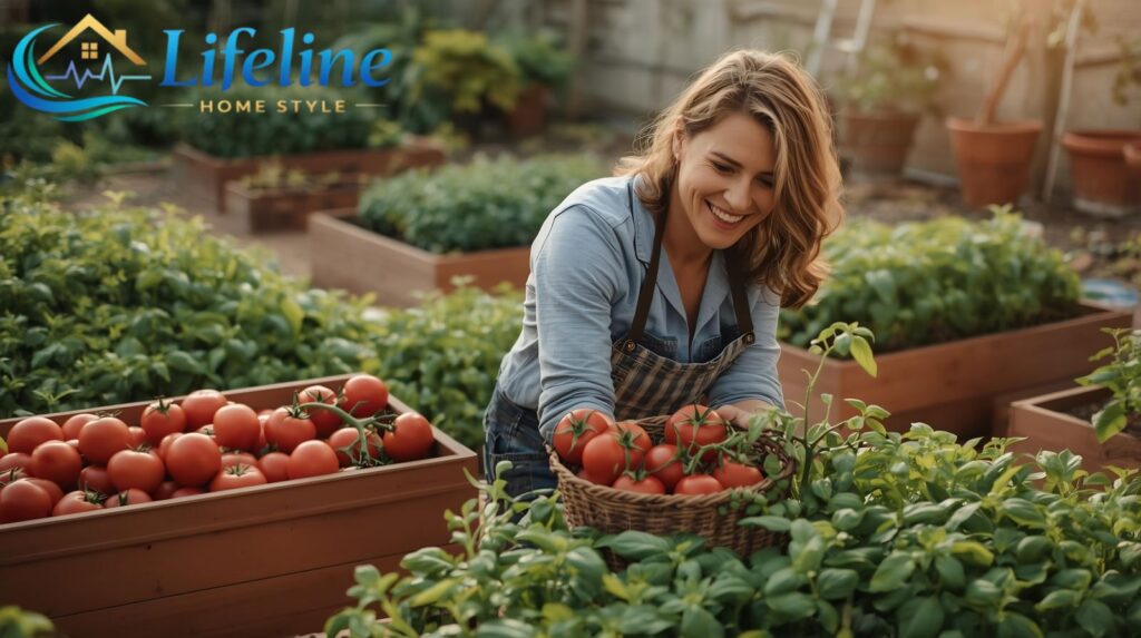 A person harvesting ripe tomatoes and fresh basil from a productive summer kitchen garden — raised beds, terracotta pots, warm afternoon light. Abundant, joyful, and deeply satisfying.