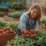 A person harvesting ripe tomatoes and fresh basil from a productive summer kitchen garden — raised beds, terracotta pots, warm afternoon light. Abundant, joyful, and deeply satisfying.