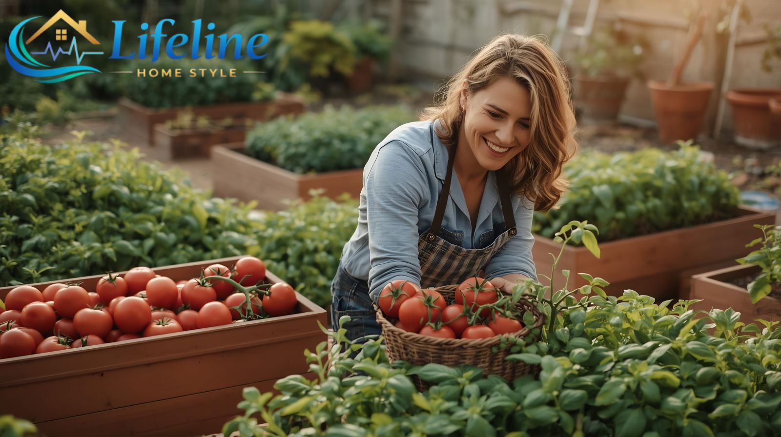 A person harvesting ripe tomatoes and fresh basil from a productive summer kitchen garden — raised beds, terracotta pots, warm afternoon light. Abundant, joyful, and deeply satisfying.