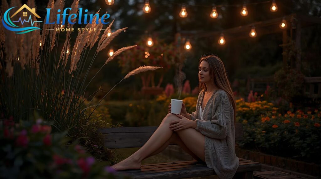 A person sitting quietly on a wooden garden bench at dusk, a mug of tea in their hands, surrounded by softly glowing lanterns and the fading silhouettes of tall grasses and flowering perennials. Peaceful, personal, and utterly beautiful — the garden as a place of belonging.