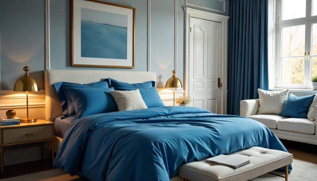 A styled bedroom featuring sapphire sheets with complementary décor elements like gold lamps, white furniture, and coordinating accessories