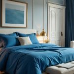 A styled bedroom featuring sapphire sheets with complementary décor elements like gold lamps, white furniture, and coordinating accessories