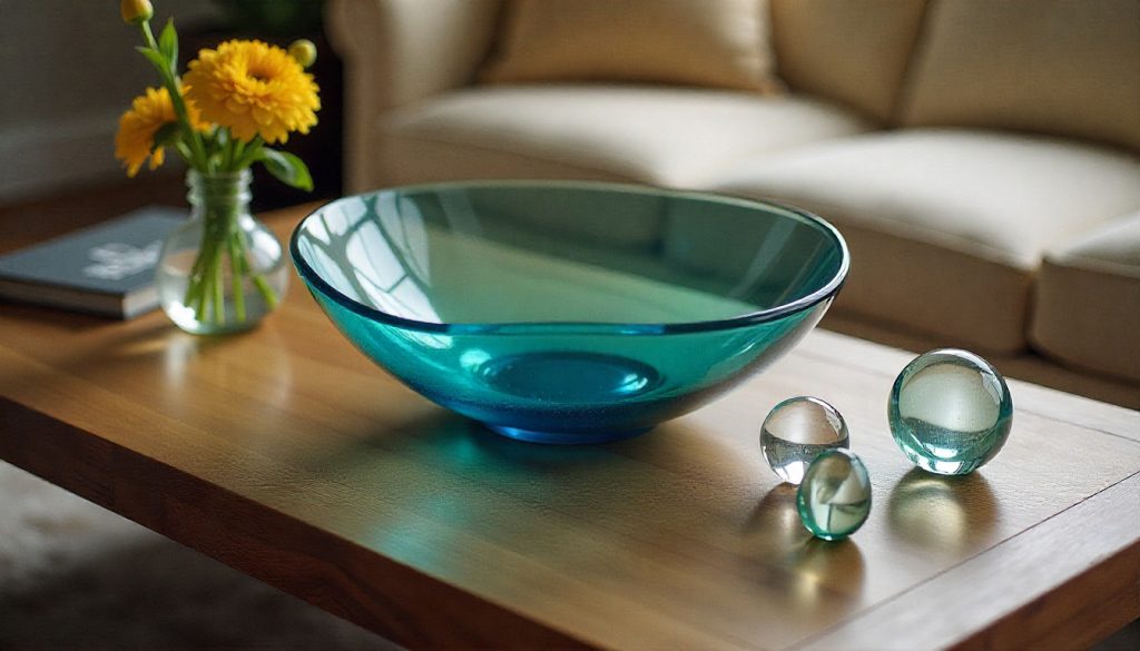 A styled coffee table featuring multiple glass decorative pieces including a blue glass bowl, clear vases with flowers, and small glass sculptures arranged artfully