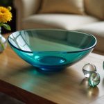 A styled coffee table featuring multiple glass decorative pieces including a blue glass bowl, clear vases with flowers, and small glass sculptures arranged artfully