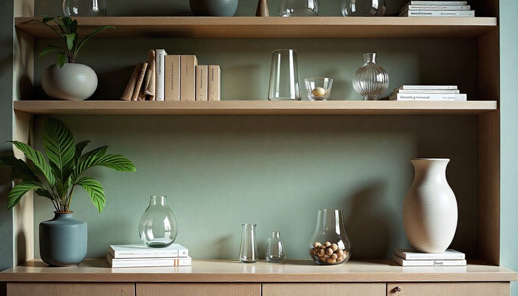 An elegant bookshelf styling featuring glass vases of different heights, glass sculptures, and clear glass containers filled with decorative objects, all arranged with books and greenery