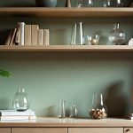 An elegant bookshelf styling featuring glass vases of different heights, glass sculptures, and clear glass containers filled with decorative objects, all arranged with books and greenery