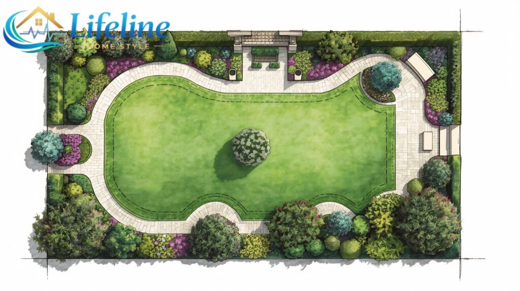 An overhead sketch or simple hand-drawn garden plan on paper: showing lawn, curved borders, a central tree, paths, and a seating area. Clean, legible, and inspiring — the planning stage of a Homenumental garden design.