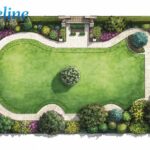 An overhead sketch or simple hand-drawn garden plan on paper showing lawn, curved borders, a central tree, paths, and a seating area. Clean, legible, and inspiring — the planning stage of a Homenu