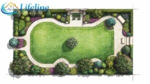 An overhead sketch or simple hand-drawn garden plan on paper: showing lawn, curved borders, a central tree, paths, and a seating area. Clean, legible, and inspiring — the planning stage of a Homenumental garden design.