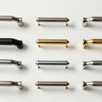 Comparison chart showing D handle in different finishes – stainless, black, brass, chrome