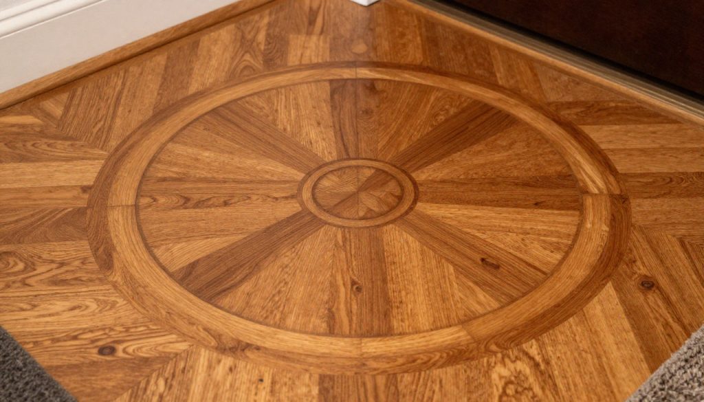 Detailed close-up of an intricate wood floor medallion in an entryway, warm oak tones, visible inlay grains