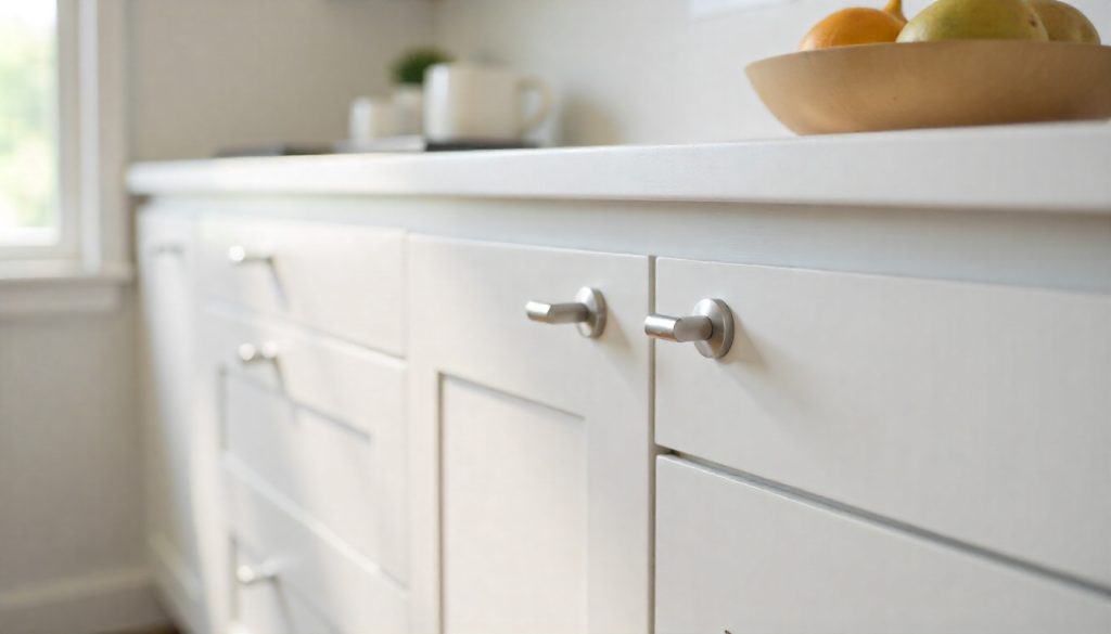 cabinet d handle hardware on modern kitchen cabinetry