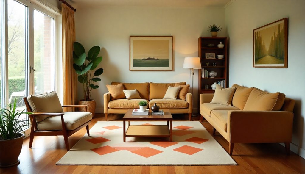 Living room with painted geometric pattern on hardwood floors, mid-century furniture arranged to highlight design