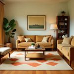 Living room with painted geometric pattern on hardwood floors, mid-century furniture arranged to highlight design