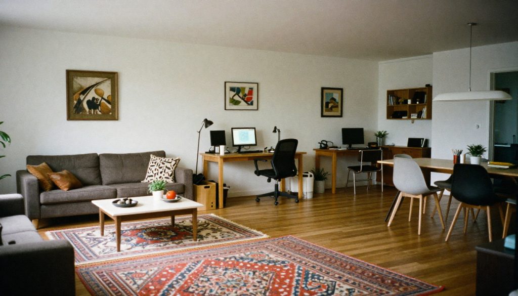 Spacious open-plan interior showing layered rugs organizing lounge, workspace, and dining areas