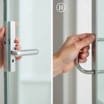 Step-by-step installation photos showing D handle mounting on glass door