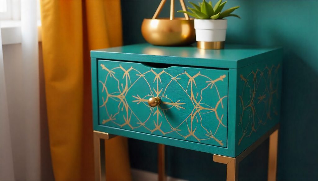 funky painted furniture ideas with metallic gold geometric design