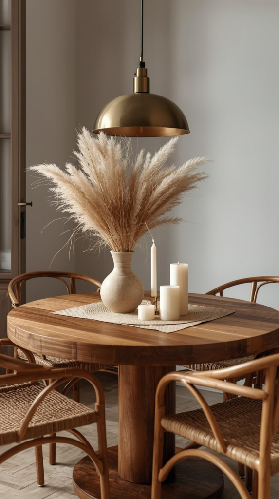 A Homenumental-styled dining corner: a round timber table with four rattan chairs, a single dramatic pendant in aged brass, a simple ceramic vase with dried pampas grass, three pillar candles at varying heights, and a woven placemat. Warm, characterful, utterly beautiful.