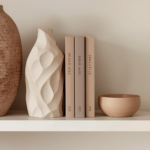 A beautifully edited shelf arrangement — three objects at varying heights on a clean shelf a tall sculptural vase, a stack of design books, and a small ceramic dish. Warm, deliberate, and restrain
