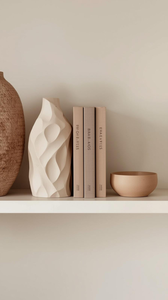 A beautifully edited shelf arrangement — three objects at varying heights on a clean shelf: a tall sculptural vase, a stack of design books, and a small ceramic dish. Warm, deliberate, and restrained. The Homenumental editing principle in action.