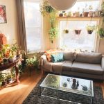 A bright, warm living room with natural sunlight coming through large windows, a comfortable sofa, wooden furniture, and green indoor plants