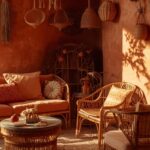 A warmly decorated living room with layered terracotta tones, natural rattan