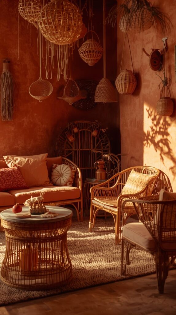 A warmly decorated living room with layered terracotta tones, natural rattan, linen cushions, statement artwork, and candlelight — the Homenumental signature: abundant warmth, character, and quiet luxury.