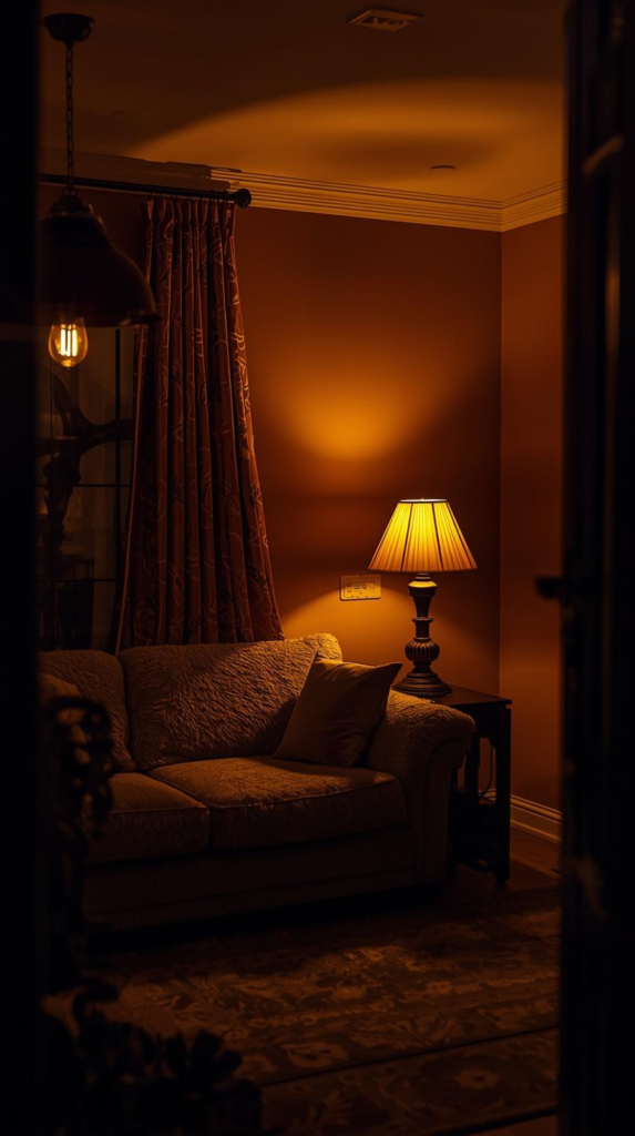 An evening interior shot: a living room glowing warmly from three different light sources — a dimmable pendant, two table lamps on either side of the sofa, and a floor lamp in the corner. Rich, warm, deeply inviting. The Homenumental lighting formula perfectly demonstrated.
