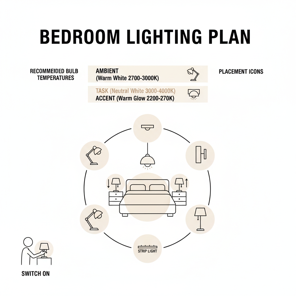 Bedroom lighting plan infographic with ambient task and accent layers and bulb temperature guide
