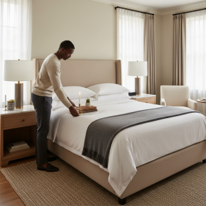 Person straightening elegant tray in luxury boutique hotel-style bedroom with padded headboard