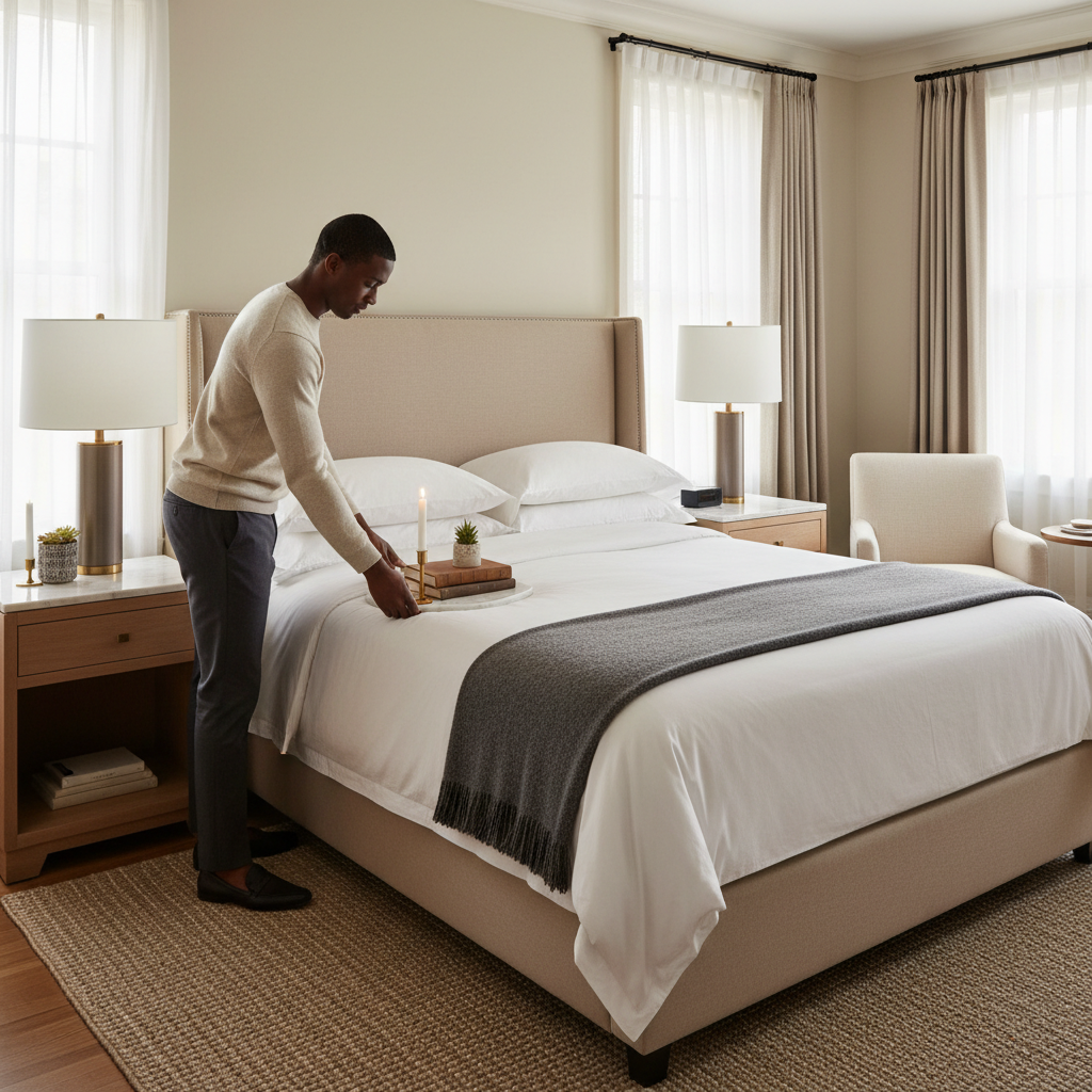 Person straightening elegant tray in luxury boutique hotel-style bedroom with padded headboard
