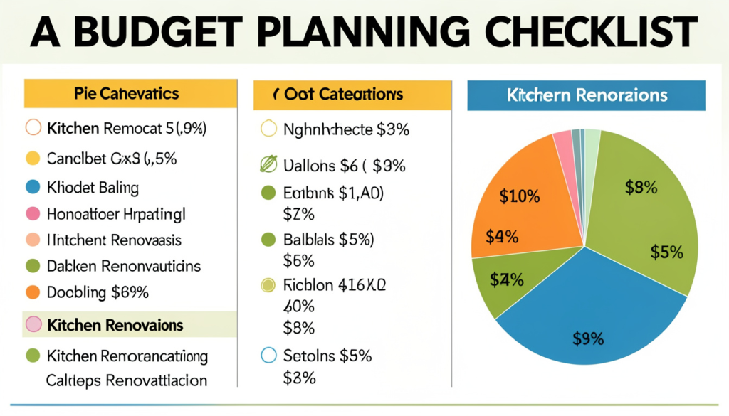 A budget planning checklist or infographic showing kitchen renovation cost categories with pie chart — visual and informative for readers.