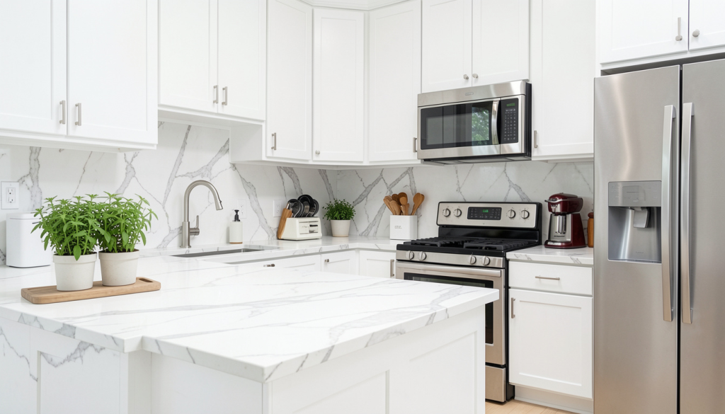 A modern renovated kitchen with white cabinets, marble countertops, and stainless steel appliances — bright, clean, and elegant.