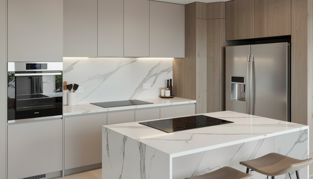 A sleek modern kitchen with smart appliances — induction cooktop, built-in oven, and stainless steel refrigerator — showing high-end functionality.