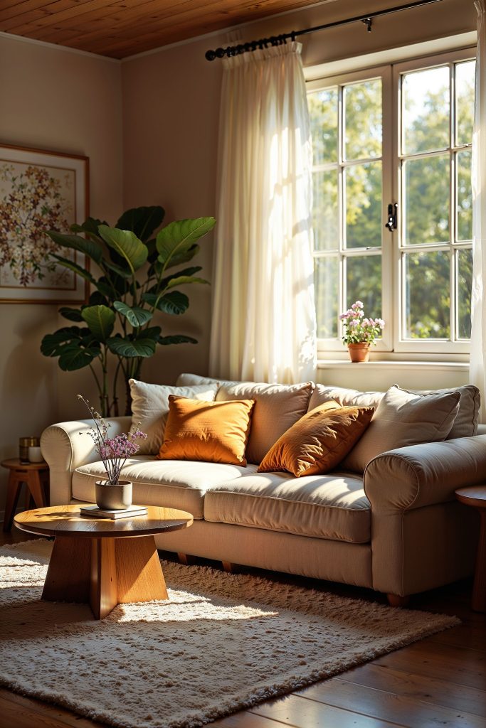 A stunning, beautifully balanced living room — warm neutral palette, layered textures, statement lighting, and curated accessories — the MintpalDecor signature aesthetic at its finest.