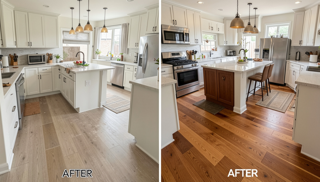 Before & after kitchen renovation comparison photo — showing an old, outdated kitchen transformed into a bright, modern, organized space.