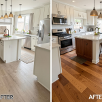 Before & after kitchen renovation comparison photo — showing an old, outdated kitchen transformed into a bright, modern, organized space.