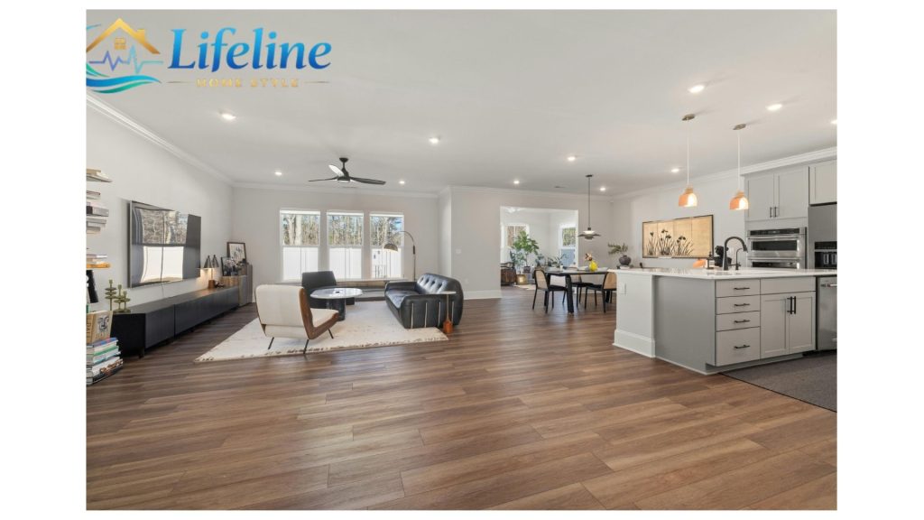 bright, airy, modern design with clear zone definition using rugs and furniture.