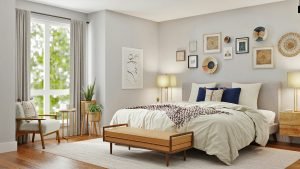 A perfectly balanced interior vignette showing the 60-30-10 colour rule in action — dominant neutral walls, secondary tone in soft furnishings, and bold accent colour in accessories. Clean, editorial quality.