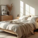 A DrHomey-styled bedroom — natural linen bedding, low-profile furniture, bedside lighting, and a calming neutral palette. Soft morning light.