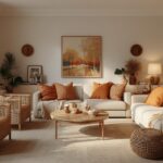 A beautifully decorated living room in the MintpalDecor style — warm terracotta accents, layered natural textures, curated accessories, and perfect lighting. Inviting and characterful.