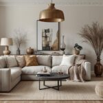 A beautifully styled DrHomey-inspired living room — warm neutrals, layered textures, statement lighting, and curated accessories. Editorial quality interior photograph.