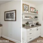 A before and after of a room corner — left showing mismatched handles and low-hung artwork, right showing coordinated hardware and correctly positioned art. Dramatic, believable difference.