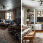 A before and after split image showing a real room transformation using DrHomey principles from myinteriorpalace.com. Left_ cluttered, poorly lit. Right_ organised, layered, beautiful.