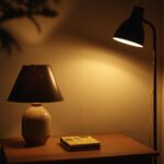 A clean, well-lit room showing the layered lighting principle — table lamp, floor lamp, and dimmable overhead light creating a warm, atmospheric effect.