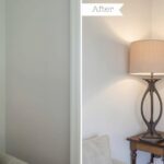 A close-up of a room corner before and after a MIPIMPROV tip — a single floor lamp and edited shelf styling transforming an overlooked corner into a deliberate vignette.