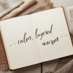 A designer’s notebook open to a page with three words written — ‘calm, layered, warm’ — surrounded by fabric swatches and a small floor plan sketch. The MintpalDecor intention-setting process.